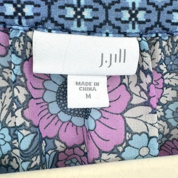 J. Jill Womens Blouse Top Size M Floral Flowy Sheer Boho Feminine Blue - Picture 2 of 8